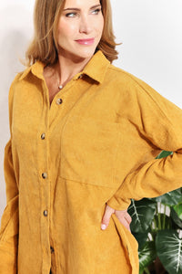 Fireside Flair Oversized Corduroy Button-Down Tunic Shirt in Mustard