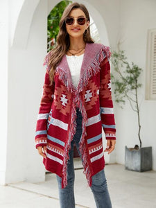 Girls Getaway Fringe Geometric Hooded Long Sleeve Cardigan (2 color options)