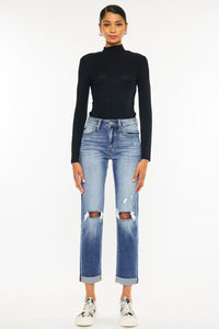 Eleanor High Waist Distressed Hem Detail Cropped Straight Jeans by Kancan