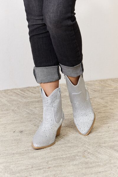 Star of the Show Rhinestone Ankle Cowboy Boots in Silver