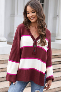 Falling for You Striped Dropped Shoulder Side Slit Sweater (2 color options)