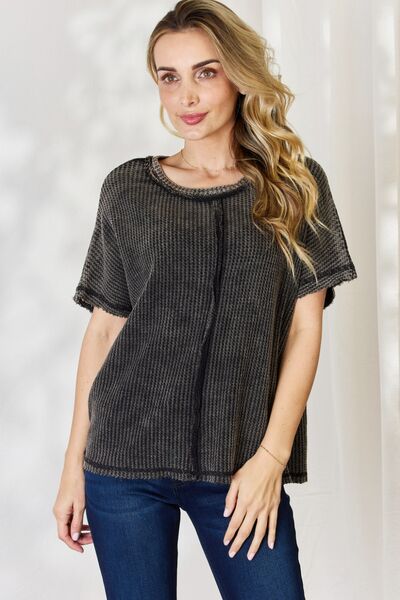 High Voltage Oversized Baby Waffle Short Sleeve Top in Ash Black