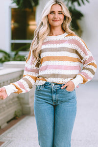 Quirky Charms Openwork Striped Round Neck Long Sleeve Knit Top