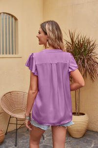 Relaxed Radiance Flutter Sleeve Notched Neck Satin Blouse (multiple color options)