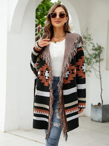 Girls Getaway Fringe Geometric Hooded Long Sleeve Cardigan (2 color options)