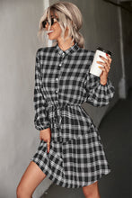 Load image into Gallery viewer, Check Mate Plaid Band Collar Drawstring Shirt Dress (2 color options)
