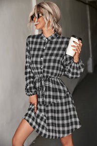 Check Mate Plaid Band Collar Drawstring Shirt Dress (2 color options)