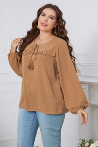 Dotted Delight Swiss Dot Frill Trim Round Neck Blouse