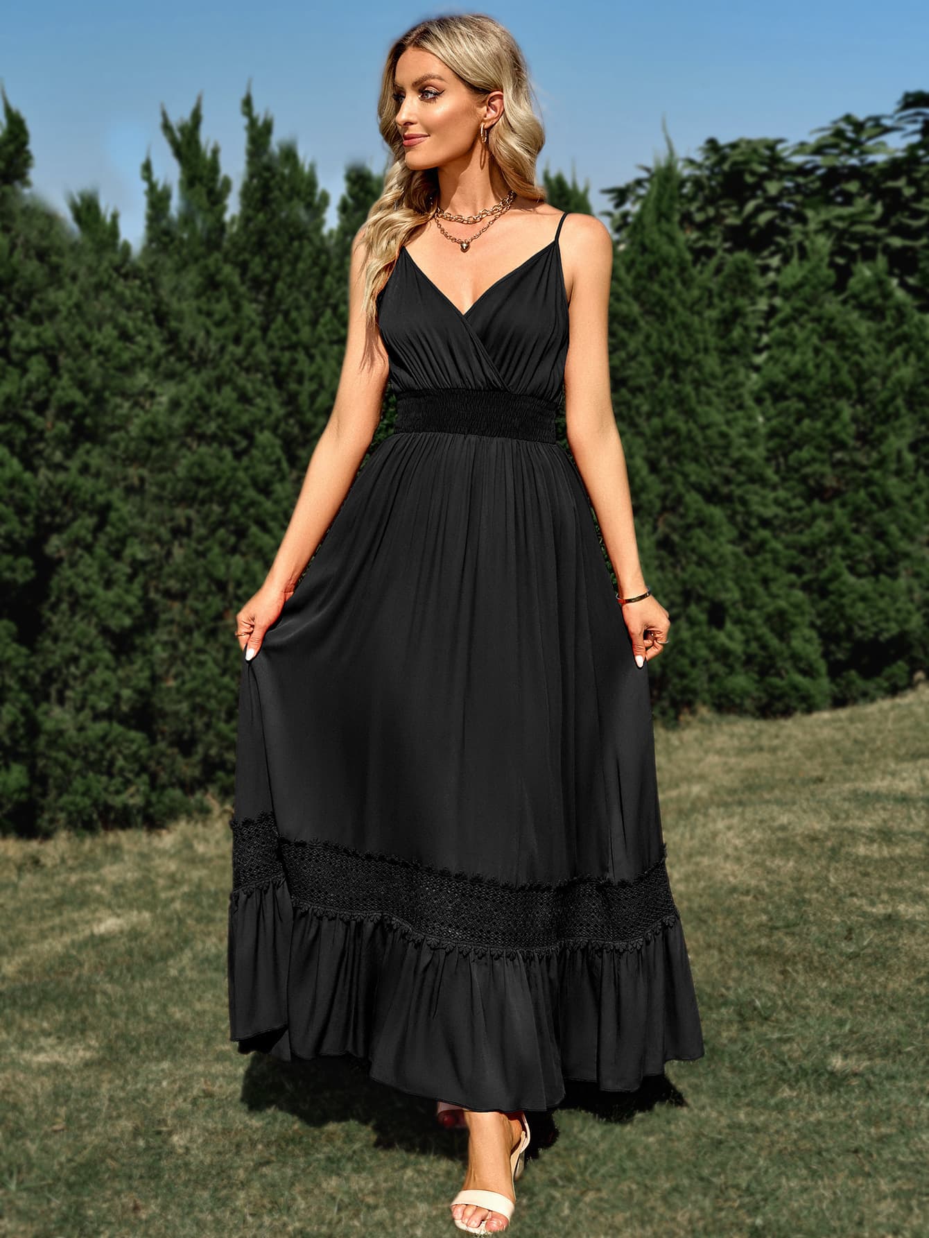 All The Allure Spaghetti Strap Smocked Waist Spliced Lace Dress