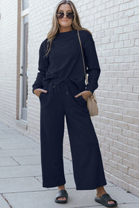 Leisure Luxe Textured Long Sleeve Top and Drawstring Pants Set (multiple color options)