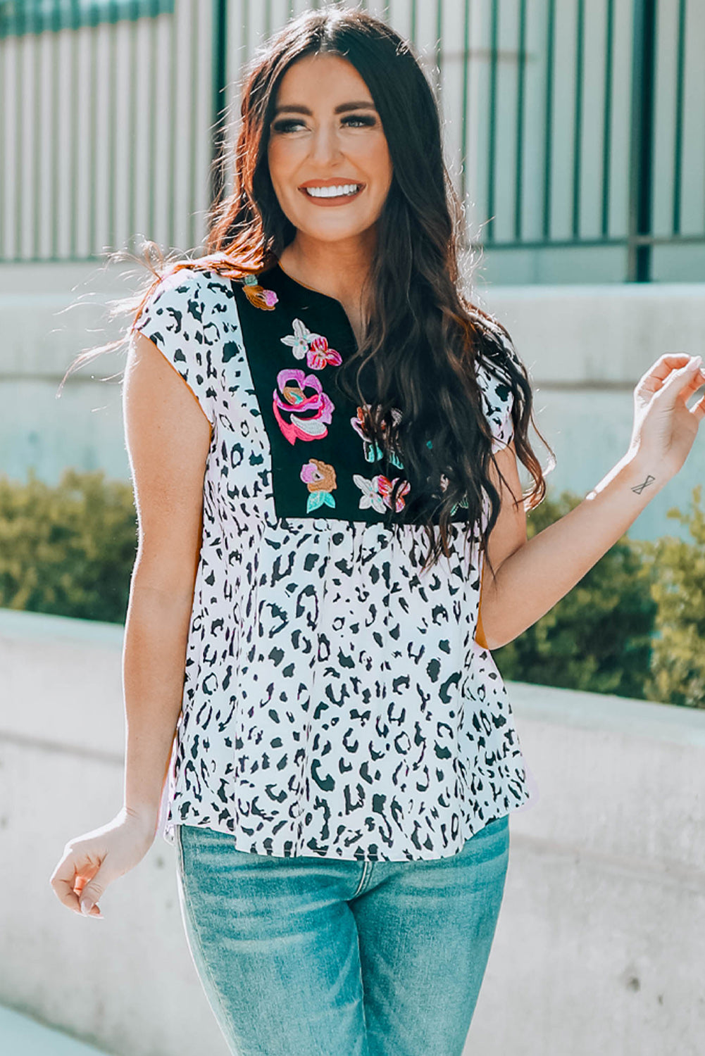 Mornings In Mexico Leopard Notched Neck Short Sleeve Tee
