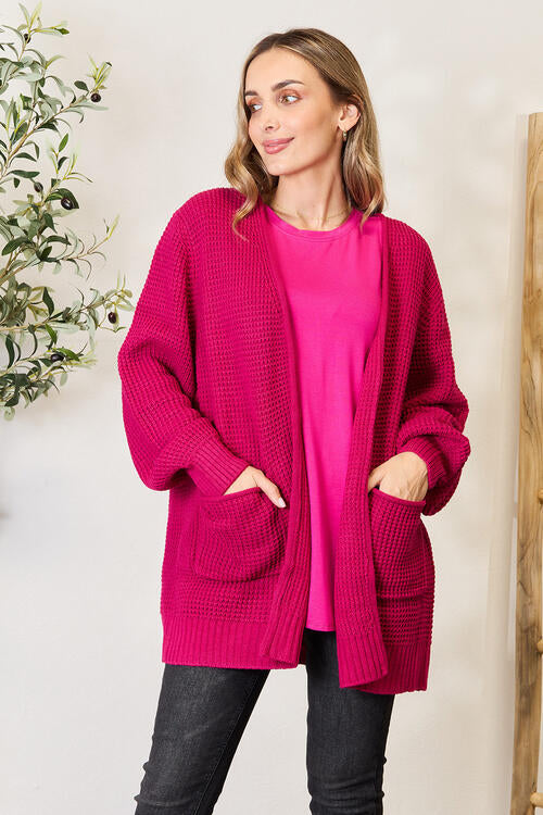Layer Me Up Waffle-Knit Open Front Cardigan in Magenta