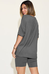 On The Daily V-Neck Drop Shoulder Short Sleeve T-Shirt and Shorts Set (multiple color options)