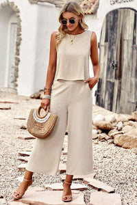 City Nights Buttoned Round Neck Tank and Wide Leg Pants Set (multiple color options)