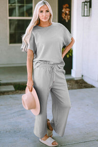 Leisure Luxe Textured Short Sleeve Top and Drawstring Pants Set (multiple color options)