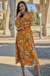 Sweet Autumn Romance Floral Tie Back Flounce Sleeve Dress