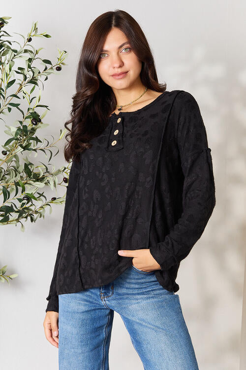 Hidden In Plain Textured Exposed Seam Buttoned Blouse