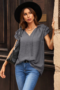 Sunkissed Sweetheart Tie-Neck Flutter Sleeve Blouse (multiple color options)