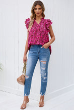 Load image into Gallery viewer, Scarlet Petals Floral Flutter Sleeve Notched Neck Blouse (multiple color options)
