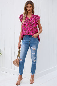 Scarlet Petals Floral Flutter Sleeve Notched Neck Blouse (multiple color options)