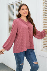 Rosy Dreams Lace Trim V-Neck Balloon Sleeve Blouse