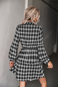 Check Mate Plaid Band Collar Drawstring Shirt Dress (2 color options)