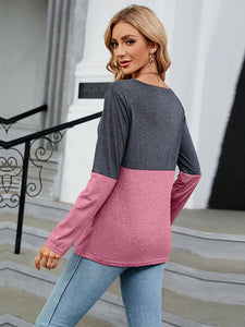 Easy Street V-Neck Long Sleeve Two-Tone Top