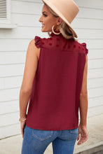 Load image into Gallery viewer, Effortless Charm Swiss Dot Buttoned Ruffle Trim Tank
