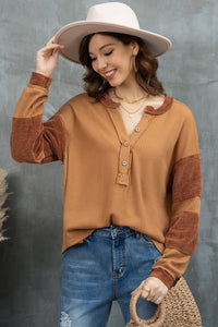 Maple Magic Notched Neck Waffle-Knit Blouse