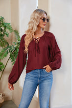 Load image into Gallery viewer, Fall Fusion Tie Neck Balloon Sleeve Blouse
