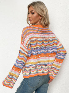 Whimsical Rainbow Whispers Stripe Openwork Flare Sleeve Knit Sweater Top (multiple color options)