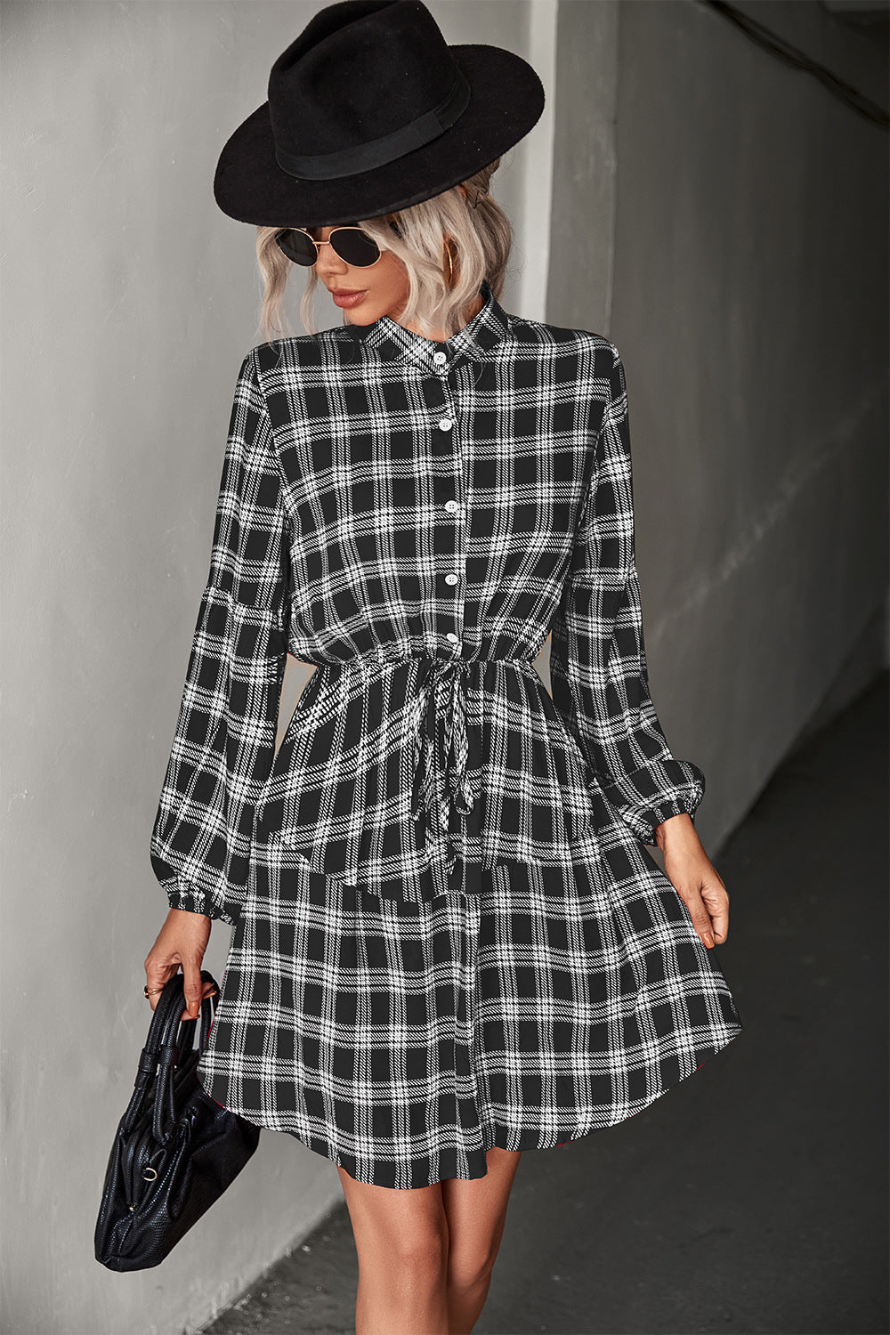 Check Mate Plaid Band Collar Drawstring Shirt Dress (2 color options)