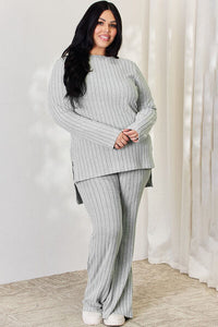 In Her Lounge Era Ribbed High-Low Top and Wide Leg Pants Set (multiple color options)