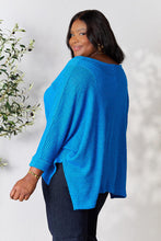 Load image into Gallery viewer, Striking Up a Convo Round Neck High-Low Slit Knit Top in Ocean Blue
