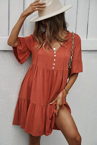 Graceful Appearance Buttoned Tie Neck Tiered Mini Dress