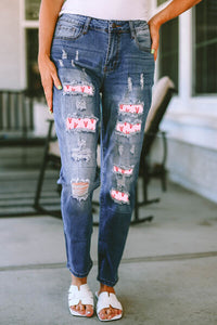 Lucky In Love Heart Pattern Distressed Straight Jeans