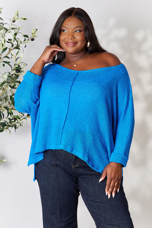 Striking Up a Convo Round Neck High-Low Slit Knit Top in Ocean Blue