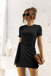 A Side of Sass Round Neck Cuffed Sleeve Side Tie Dress (multiple color options)