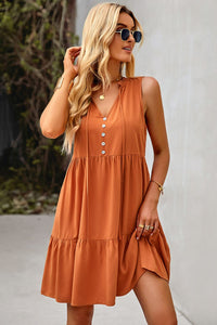 Dinner At Sunset Tie Neck Tiered Dress with Decorative Buttons (2 color options)