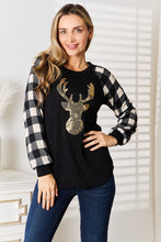 Load image into Gallery viewer, Reindeer on the Rooftop Sequin Reindeer Graphic Plaid Top in Black
