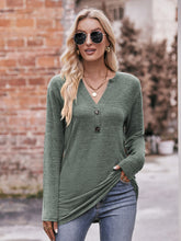 Load image into Gallery viewer, Harvest Hues Buttoned Notched Neck Long Sleeve Top
