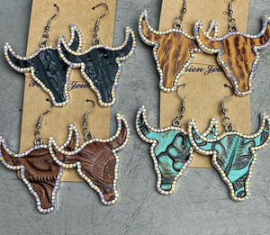 Rhinestone Trim Alloy Bull Earrings (multiple options)