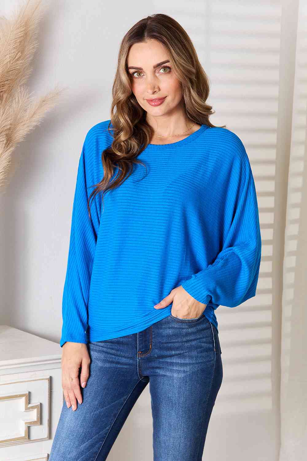 Everyday Delight Round Neck Batwing Sleeve Blouse in Cobalt Blue