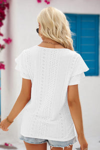 The Simple Touches Eyelet Tie-Neck Flutter Sleeve Blouse (multiple color options)