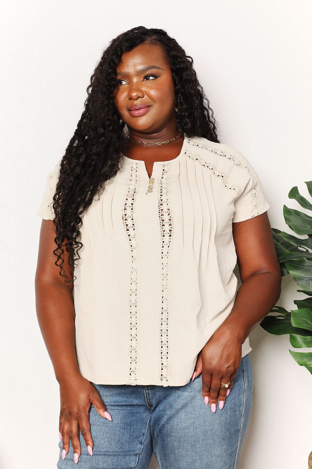 The Little Details Crochet Buttoned Short Sleeves Top