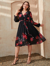 Load image into Gallery viewer, Midnight Blooms Floral Surplice Neck Tie Waist Dress
