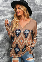 Load image into Gallery viewer, Cowgirl Charm Brown Western Print Buttoned V Neck Top
