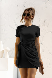 A Side of Sass Round Neck Cuffed Sleeve Side Tie Dress (multiple color options)