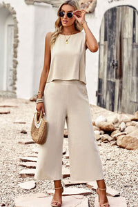 City Nights Buttoned Round Neck Tank and Wide Leg Pants Set (multiple color options)