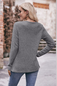 Fall Fusion Ribbed Round Neck Buttoned Long Sleeve Tee